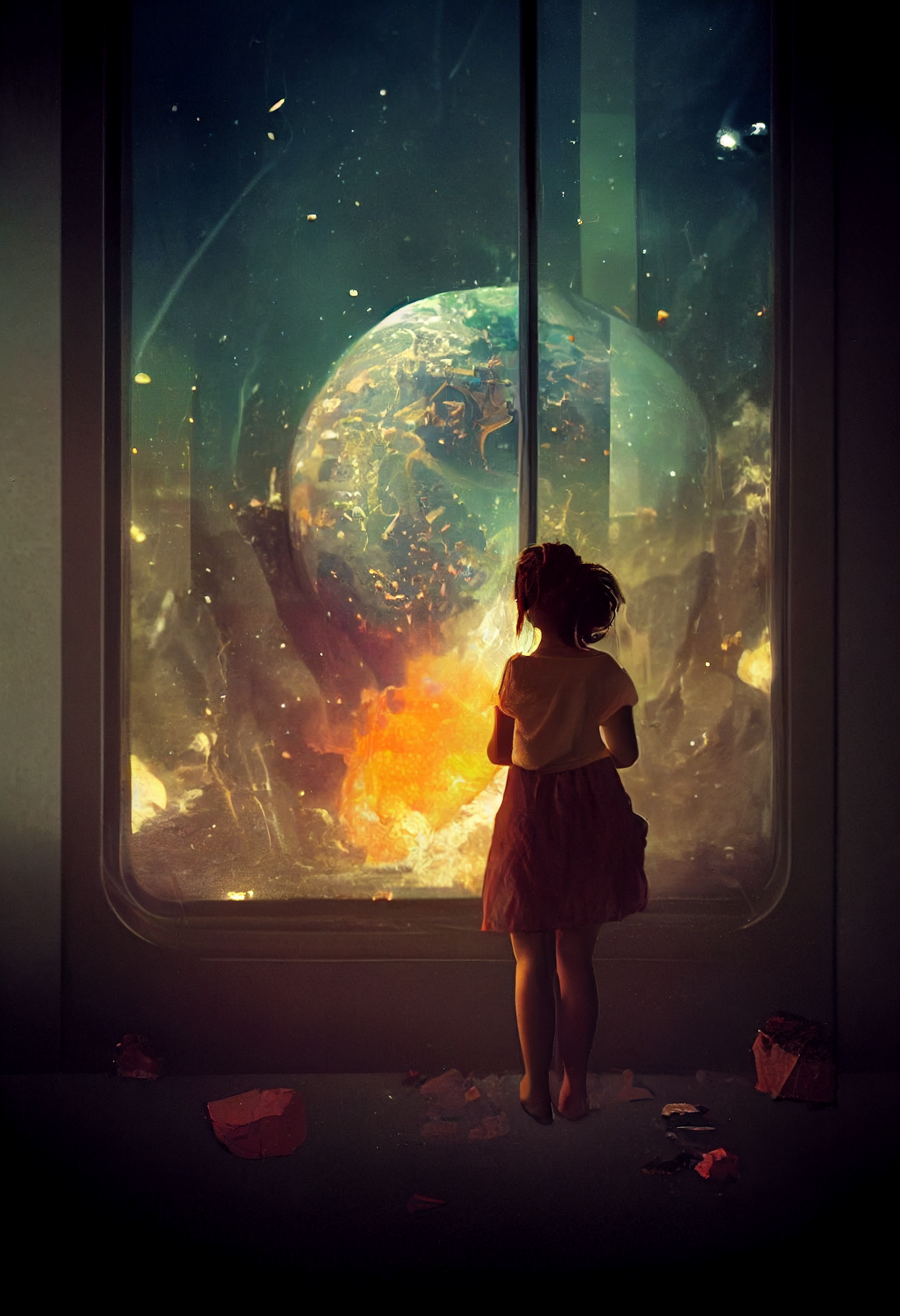 girl watching planet explode, scifi inside spaceship , through glass window , debris, smokey, rubble, exploding planet