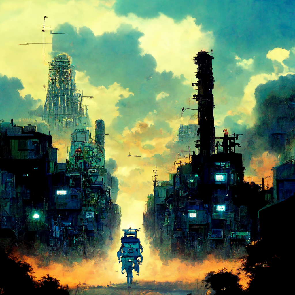 in the stlye of eiichiro oda, mech warrior, robot, cityscape  --s 5000 --v3