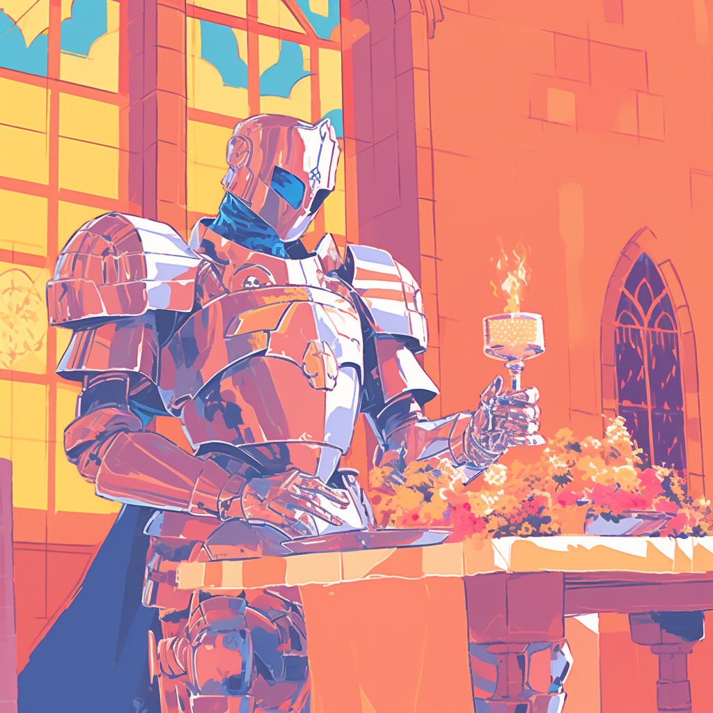 a robot dressed as a medieval knight drinking a goblet of wine