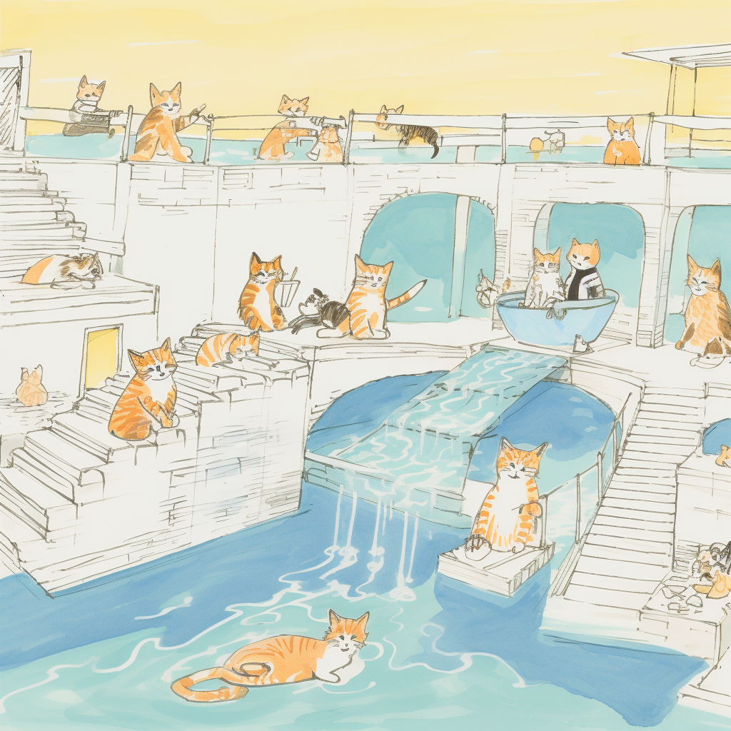 quirky underground comic style illustration, pen and ink and watercolor and collage in the style of Marc Bell, bathing cats, bath house onsen cats