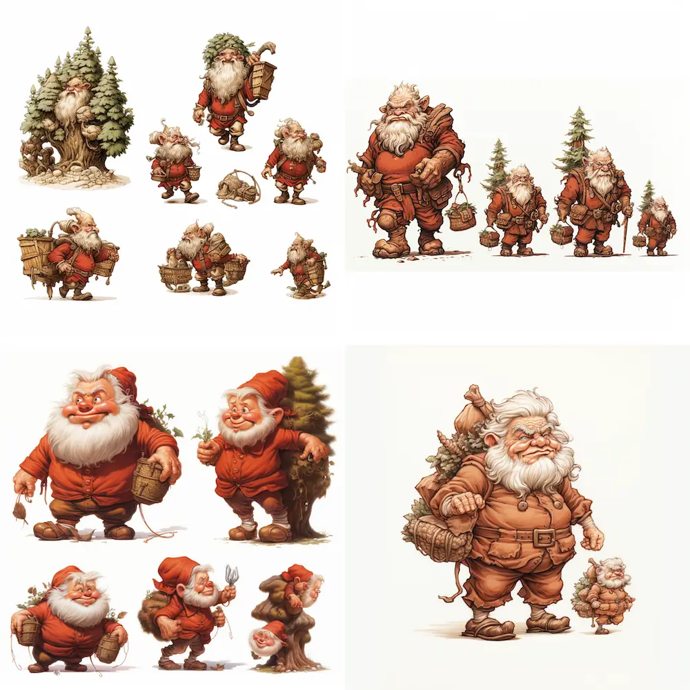 gnome carrying fruit pen and ink watercolor