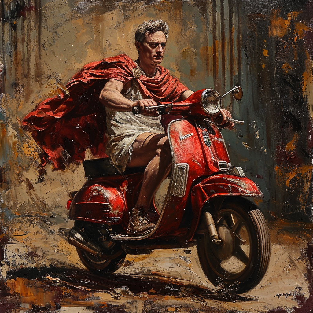 Julius Caesar riding a mini motorcycle