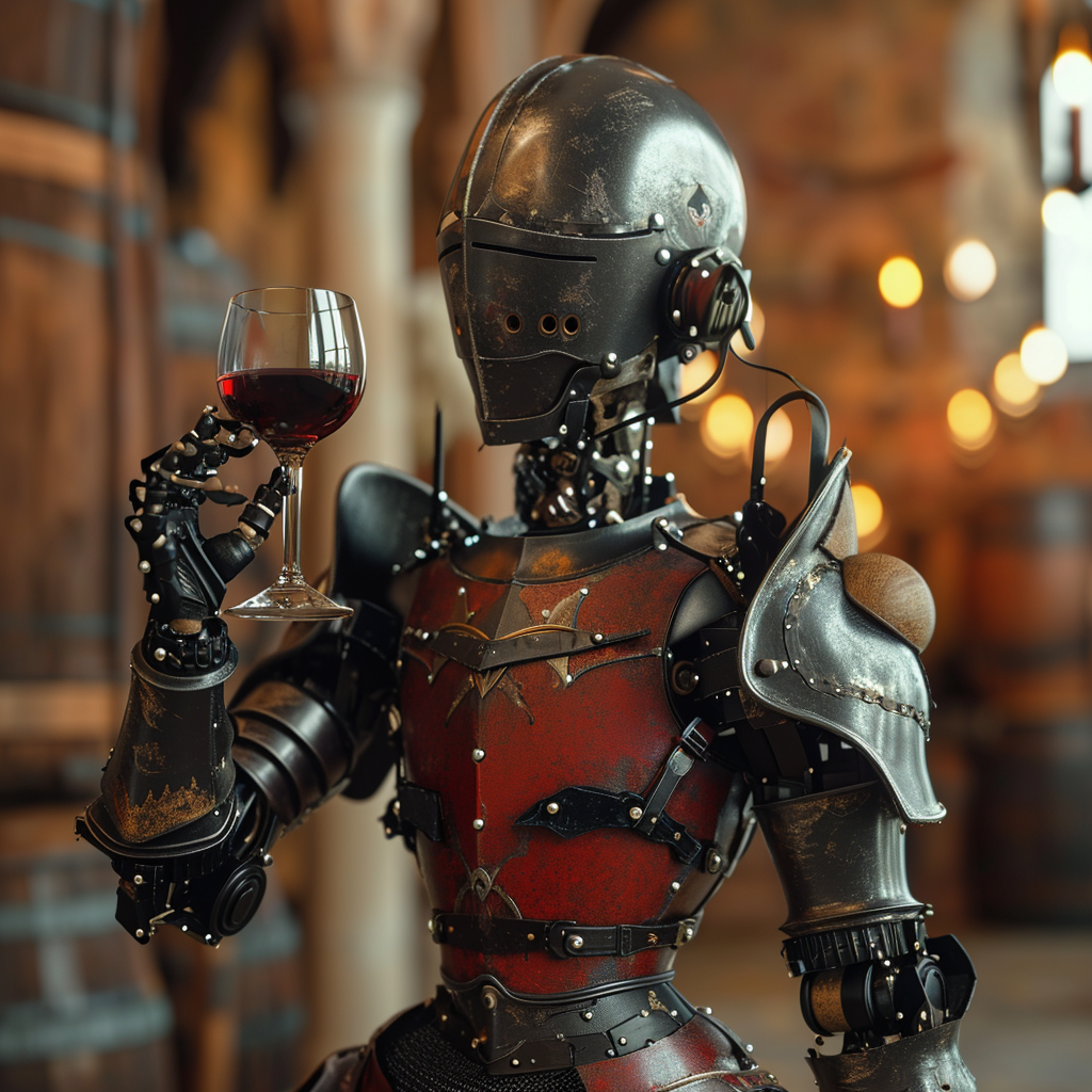 a robot dressed as a medieval knight drinking a goblet