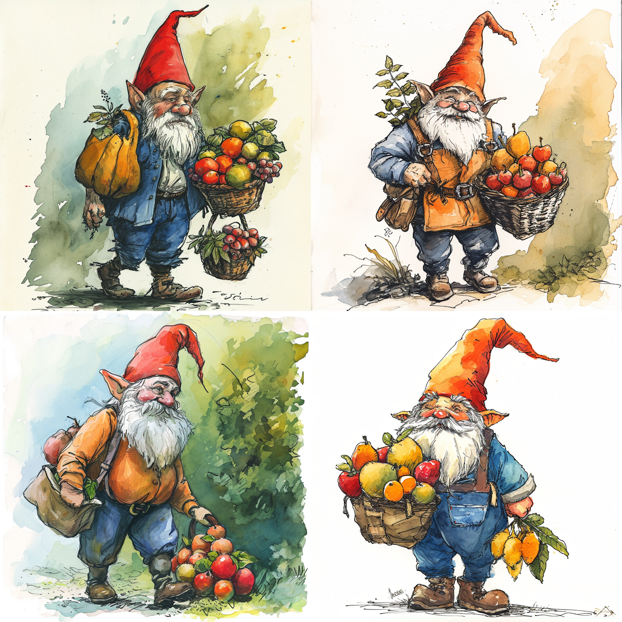 gnome carrying fruit comic style illustration