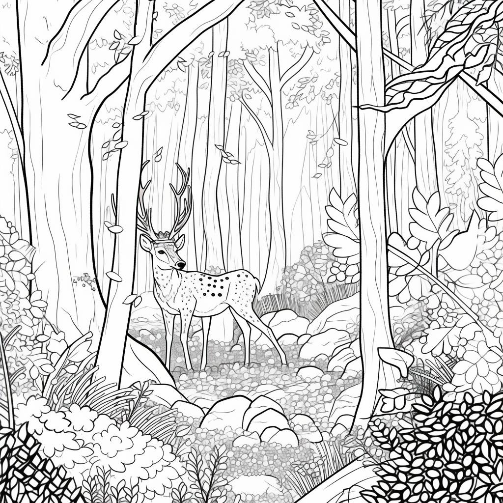 woodland coloring page thin lines crisp no shading detailed